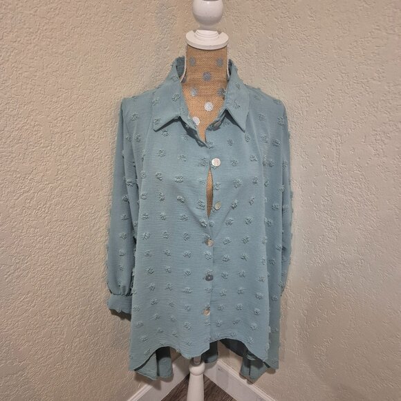 Sew Modest Seafoam Green Swiss Dot Button Up Tunic - Picture 1 of 5